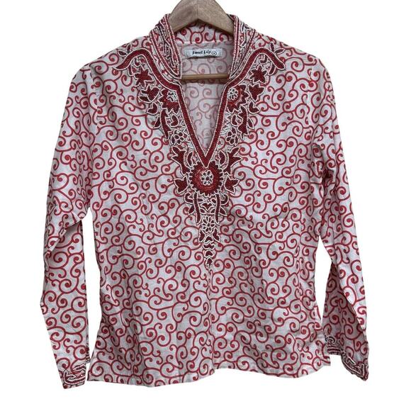 Sweet Lily Red White Embroidered Beaded Tunic Top Size Small - Picture 2 of 9